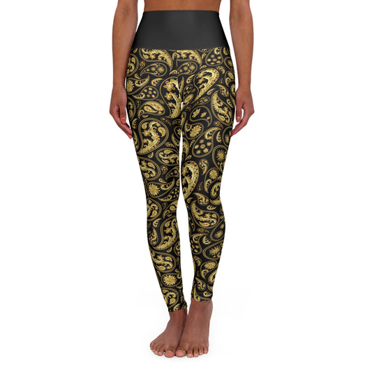 Gold and Black Paisley Print High Waisted Leggings Gold and Black Yoga Leggings Luxury Print Leggings Plus Size