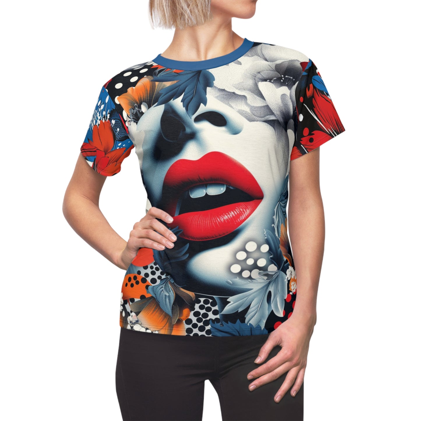 Pop Art Lips Women's T-Shirt, Avant-Garde Women's Apparel, Red Lips Graphic Tee