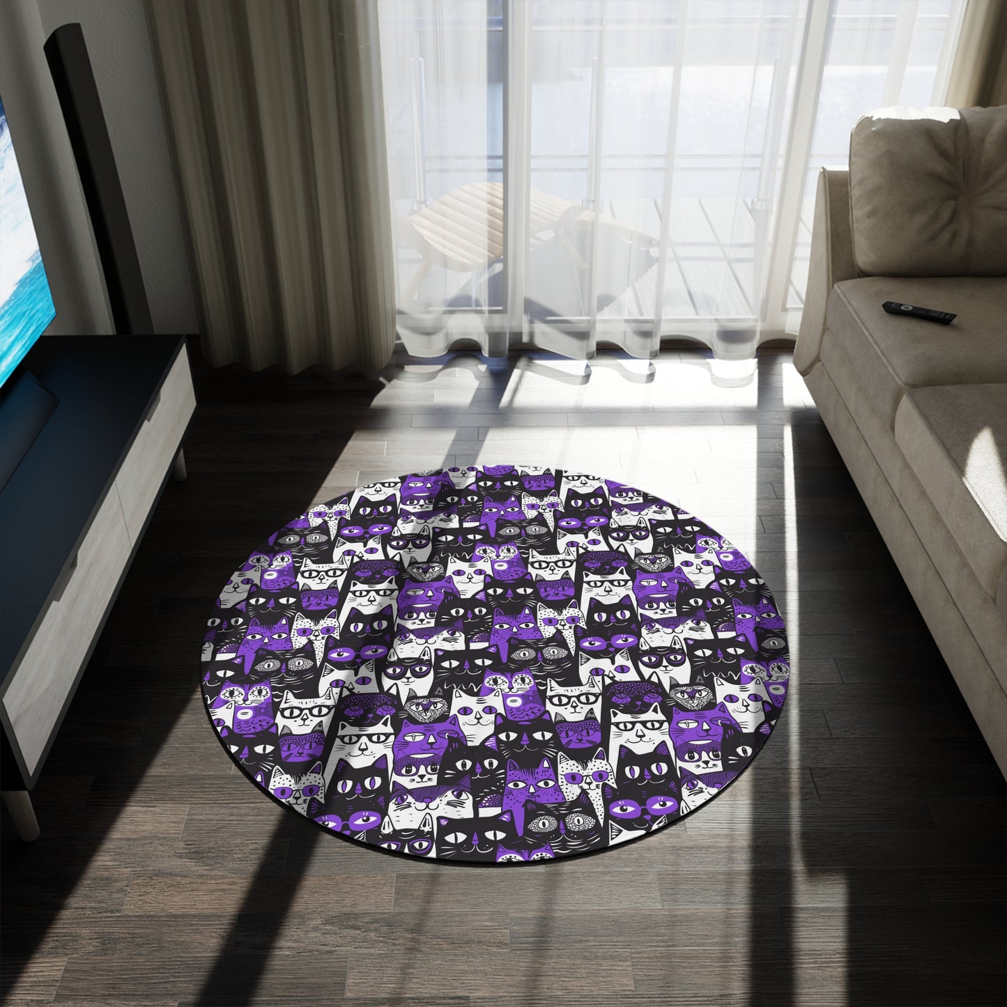 Purple Whimsical Cat Faces Round Rug, 60" Chenille Decorative Rug, Whimsical Cat Themed Home Decor