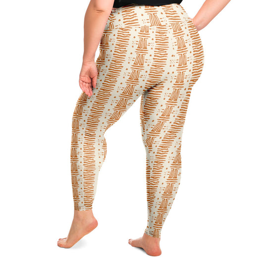 Rush & Cream Colored African Print Plus Size 2XL - 6XL Women's Leggings, Earth Tone Curvy African Print Activewear