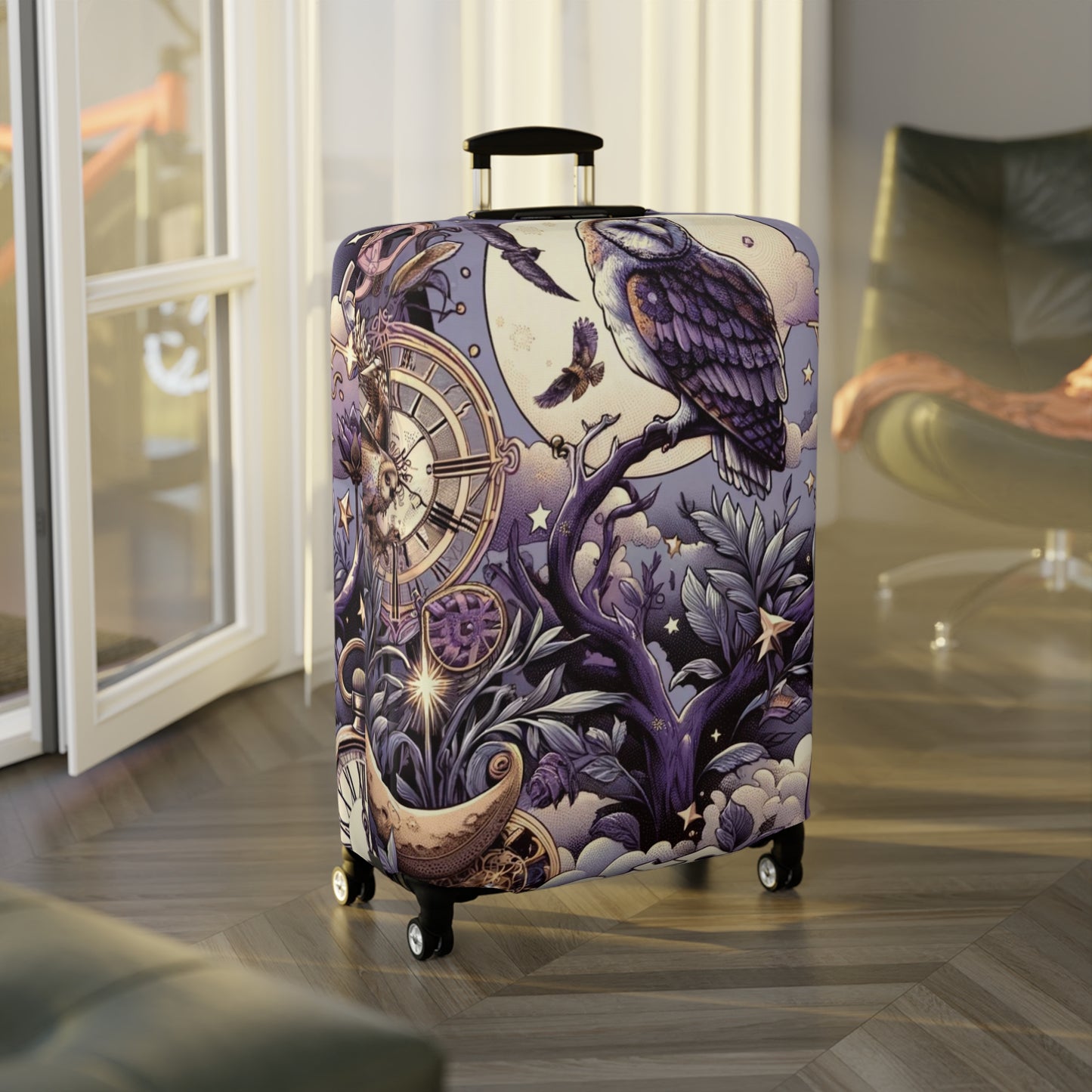 Enchanted Owl and Celestial Bodies Suitcase Cover, Magical Themed Luggage Protector