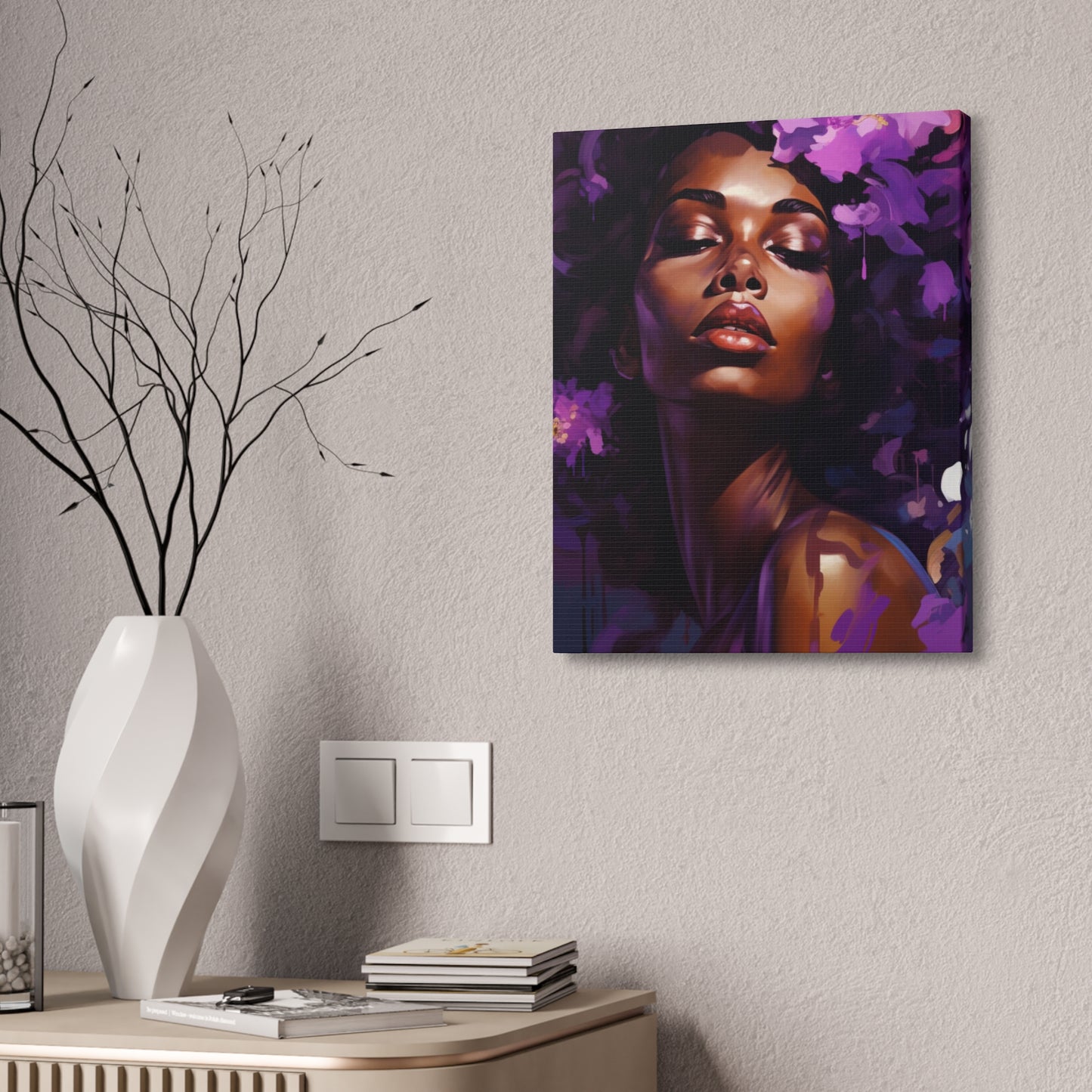 African Woman Stretched Canvas Print - Art Nouveau Purple Decor Canvas Poster