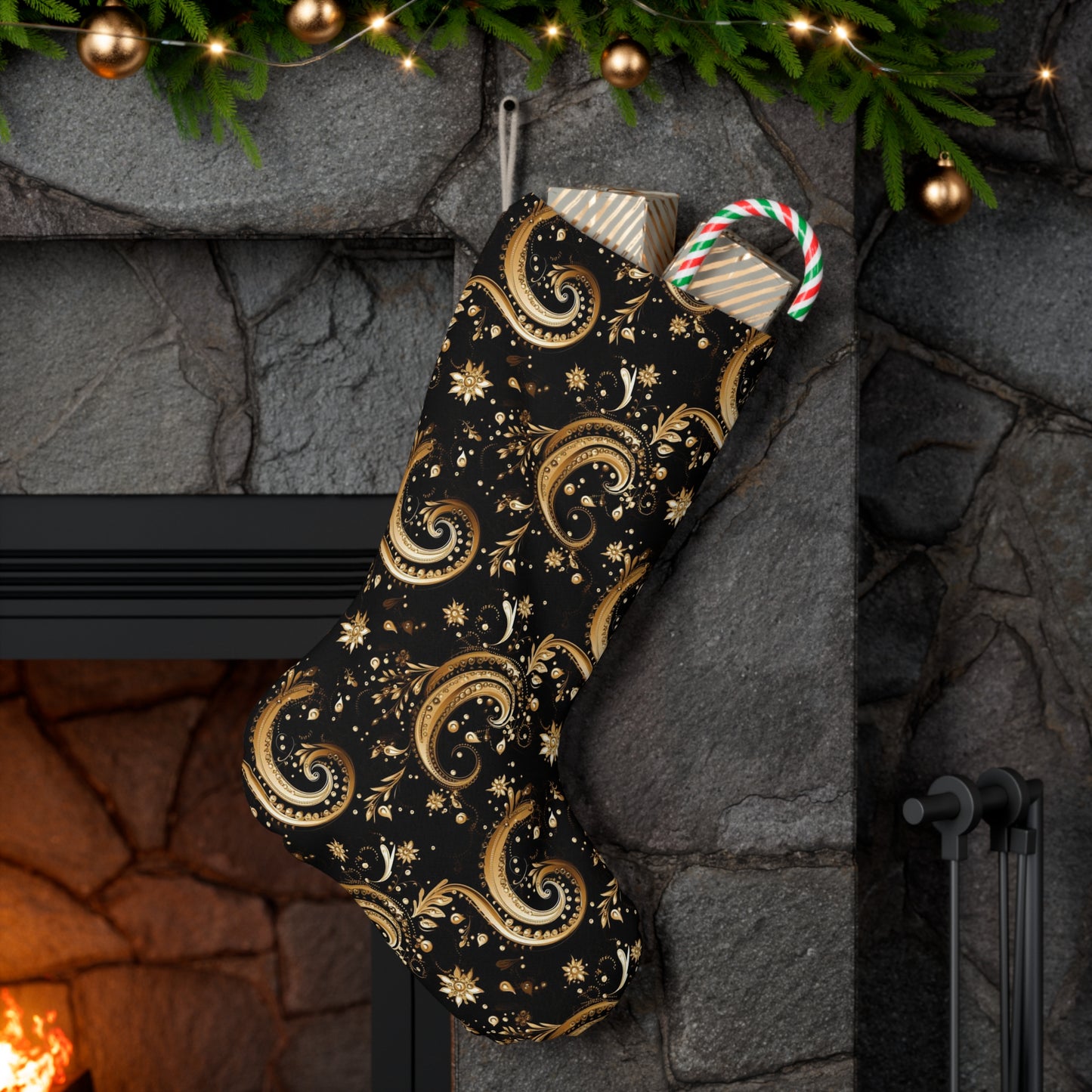 Black & Gold Paisley Bandana Print Elegant Holiday Christmas Stocking