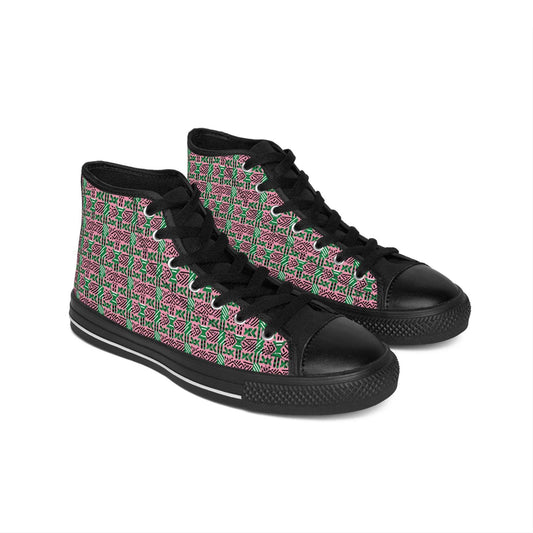 AKA Sorority Colors African Print Women's Hi-Top Shoes, Pink & Green Mud Cloth Print Sneakers