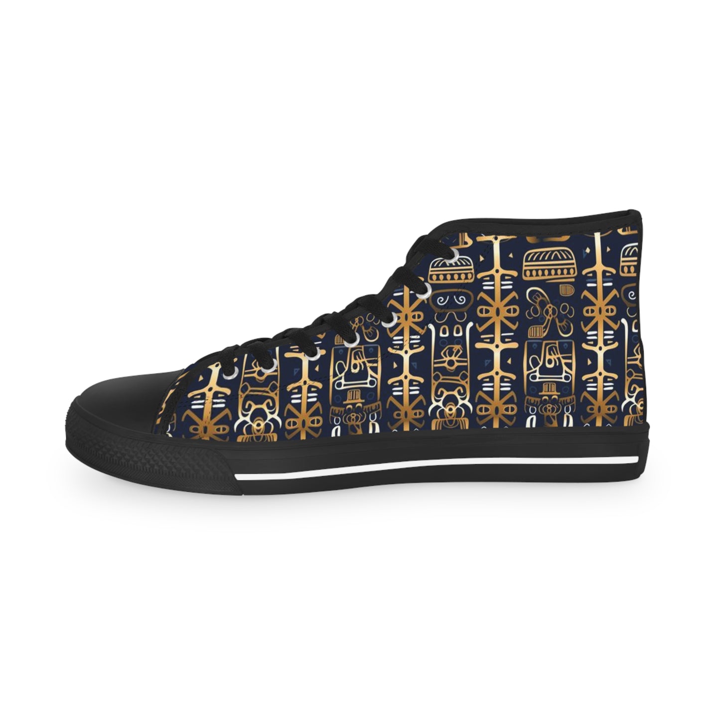 Golden Shamanic Serenity Afrocentric Print Men's Hi-Top Shoes, Navy Blue & Gold Tribal Print Mens Fashionable Shoes