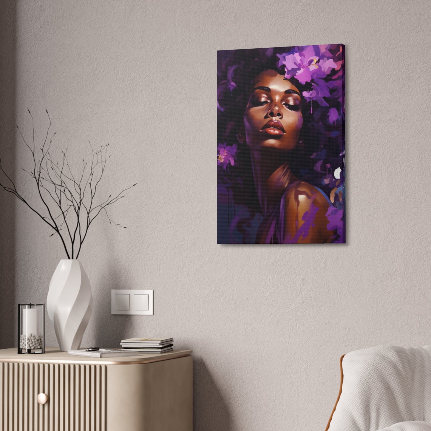 African Woman Stretched Canvas Print - Art Nouveau Purple Decor Canvas Poster