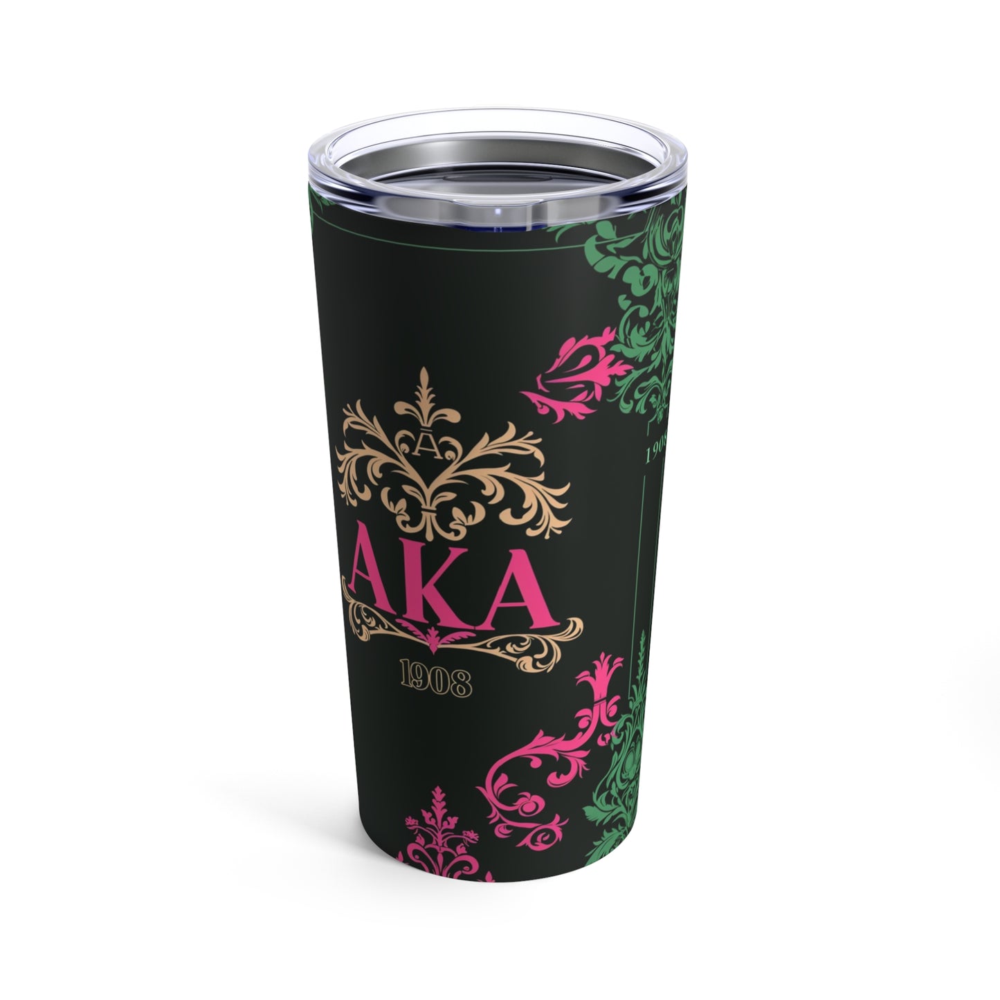 AKA Sorority Pink & Green 20oz Tumbler, Vacuum Insulated Greek Life Reusable Cup, Glossy Sorority Pattern Stainless Steel Cup