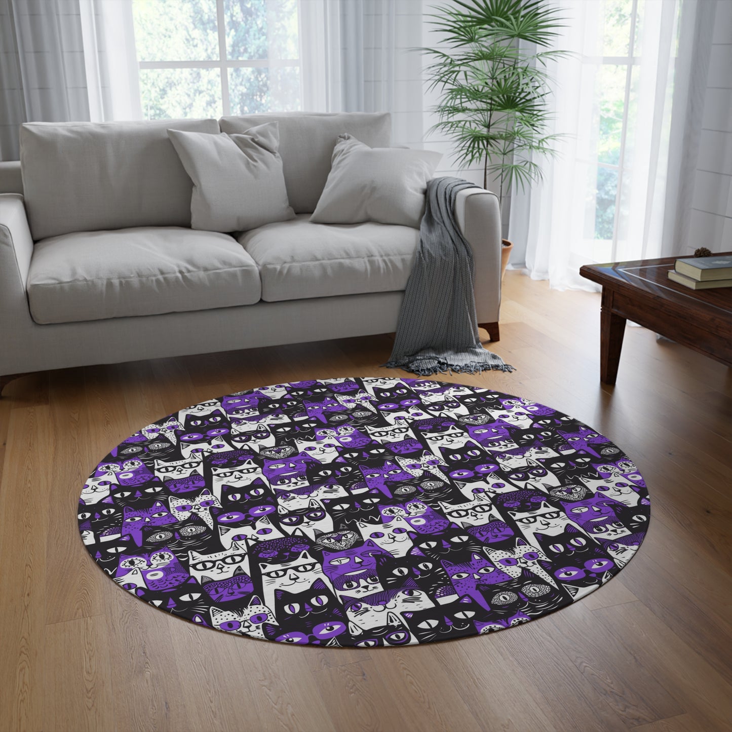 Purple Whimsical Cat Faces Round Rug, 60" Chenille Decorative Rug, Whimsical Cat Themed Home Decor