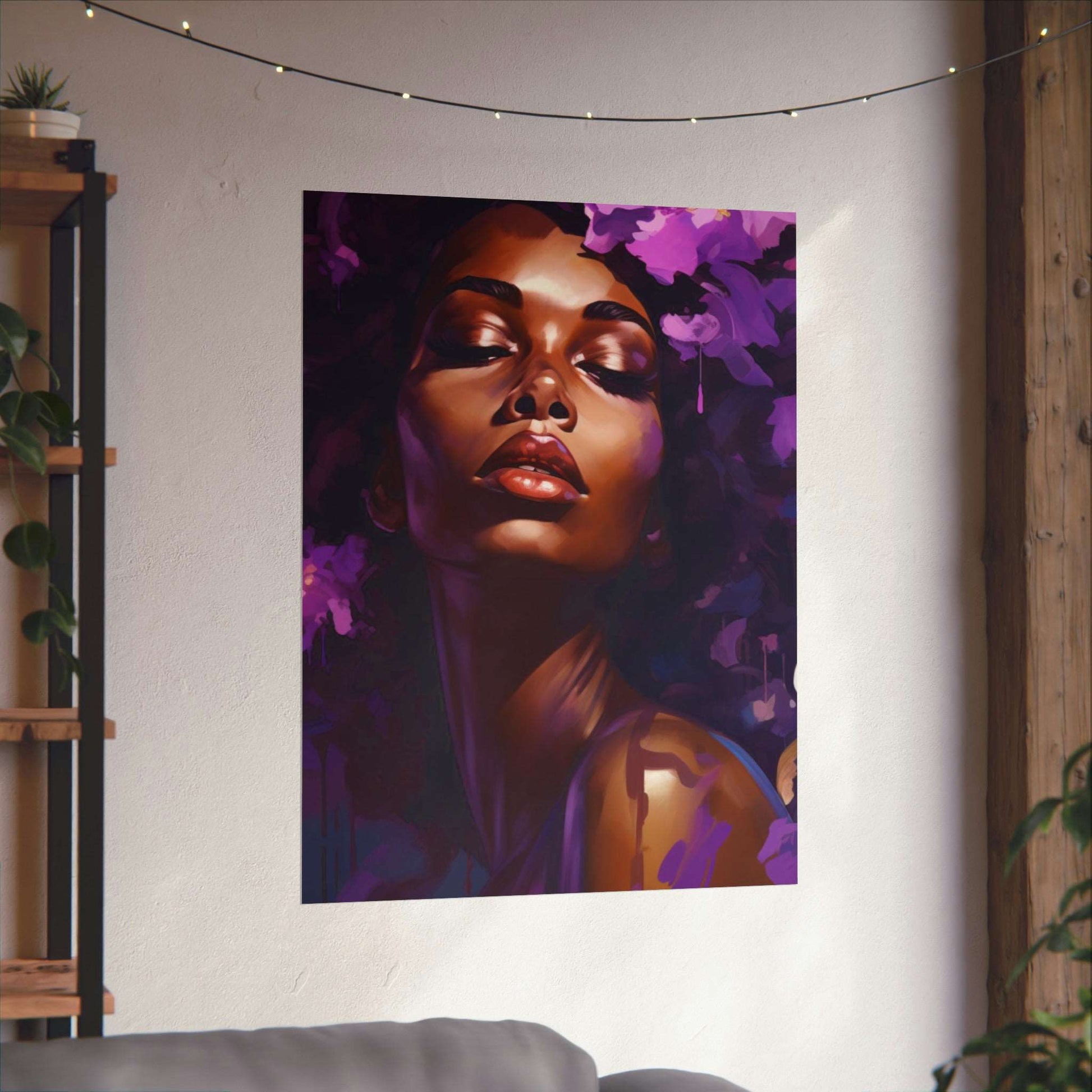 African Woman Matte Vertical Poster Print, Art Nouveau Purple Art Decor,  Black Woman Art Matte Vertical Posters