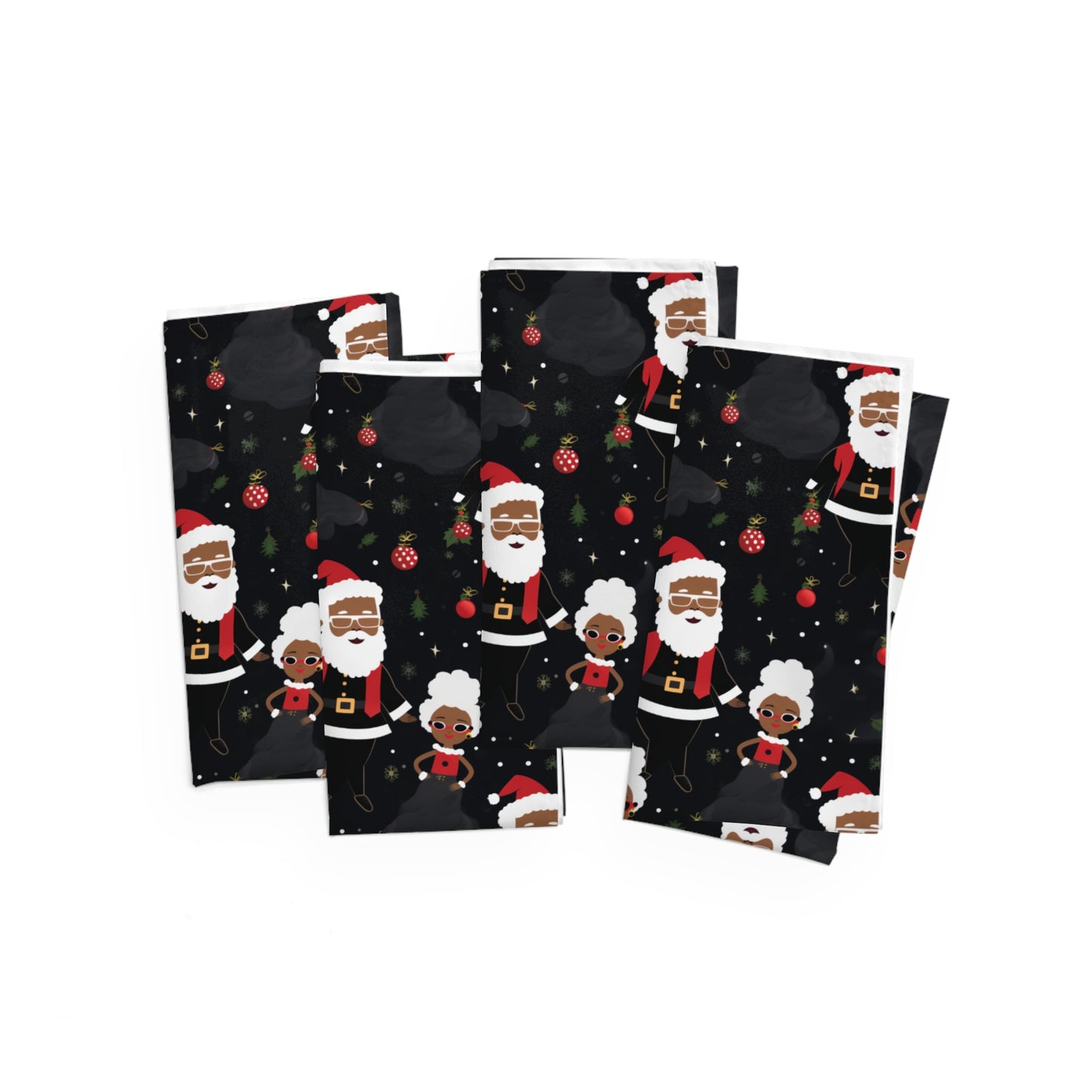 Black Santa and Mrs Claus Reusable Fabric Napkins, 4-Set of Christmas Cloth Napkins