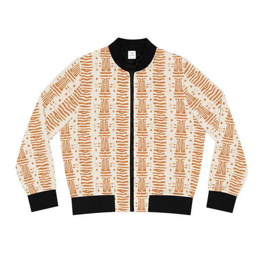 Women's Rust & Cream MudCloth Print Bomber Jacket, Trendy Tribal Print Cozy Fall Women's Jacket