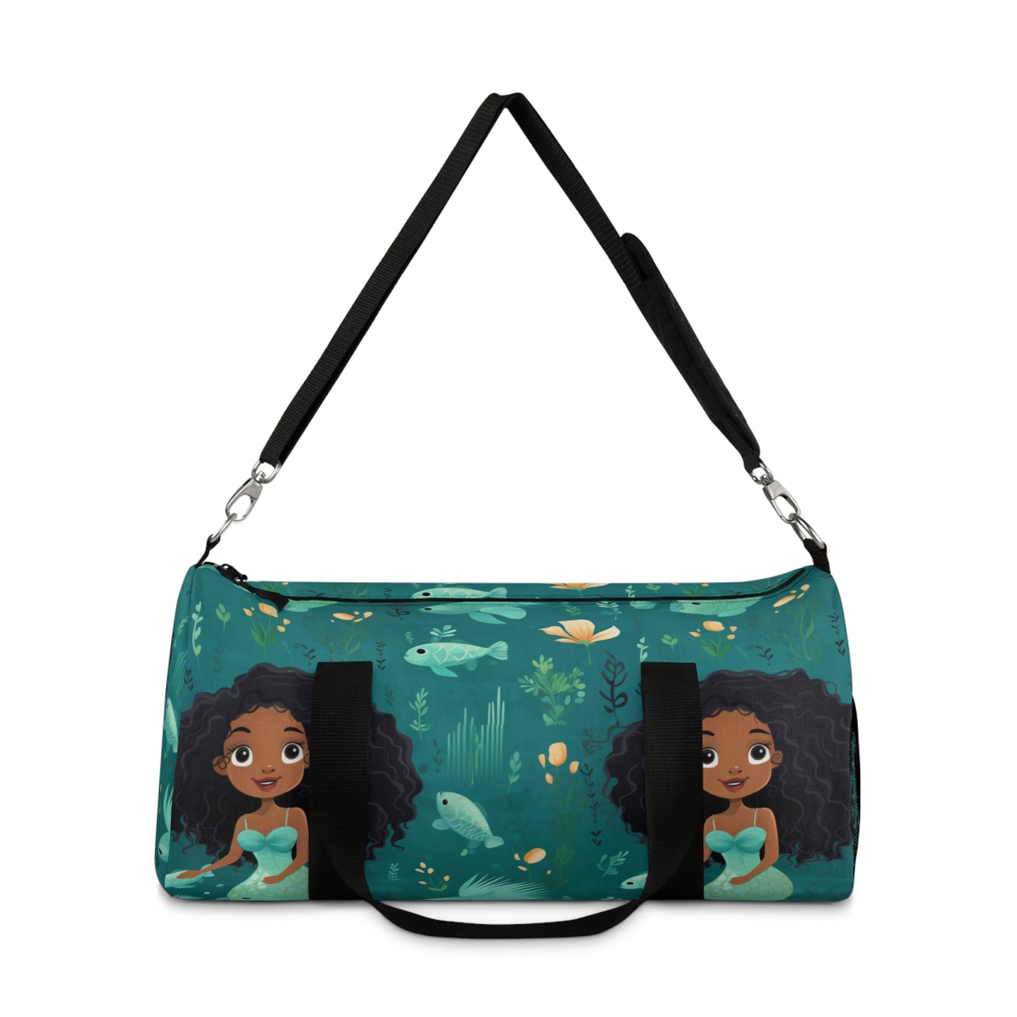 Under The Sea Black Girl Mermaid Print Duffle Bag, African American Mermaid Overnight Bag