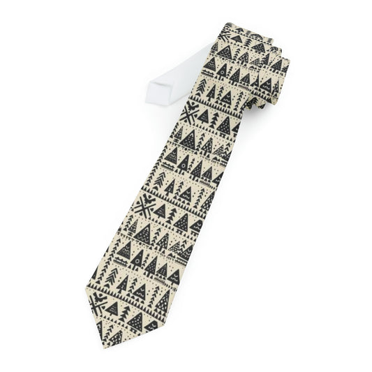 Earth Tone Christmas Tree African Print MudCloth Tree Necktie, Festive Christmas Mens Holiday Tie