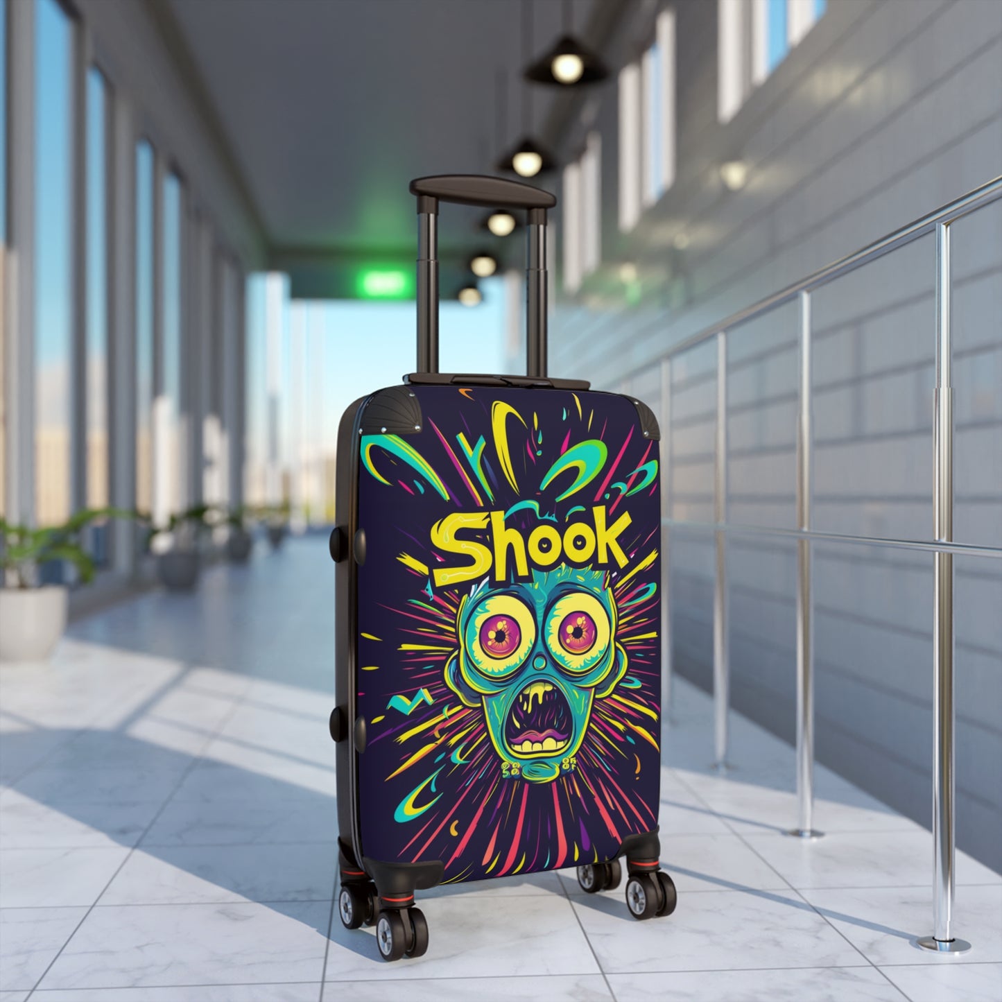 Urban Neon Pop Art "Shook" Rolling Luggage, Cartoon Streetwear Style Design, Personalized Travel Gear For Kids, Bold Fun Wild Art Suitcase