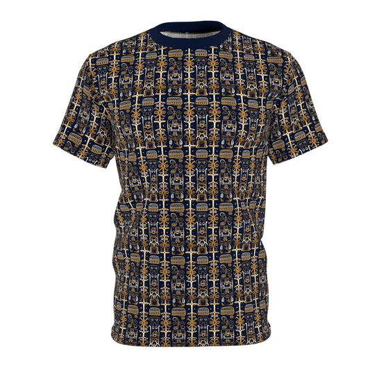 Golden Shamanic Serenity African MudCloth Unisex T-shirt, Afrocentric All Over Print Shirt