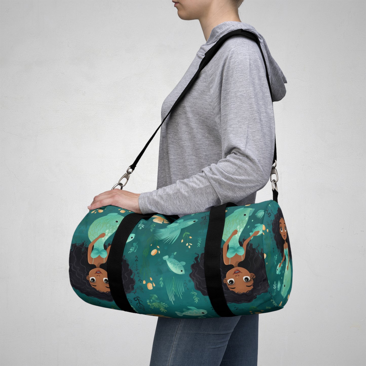 Under The Sea Black Girl Mermaid Print Duffle Bag, African American Mermaid Overnight Bag