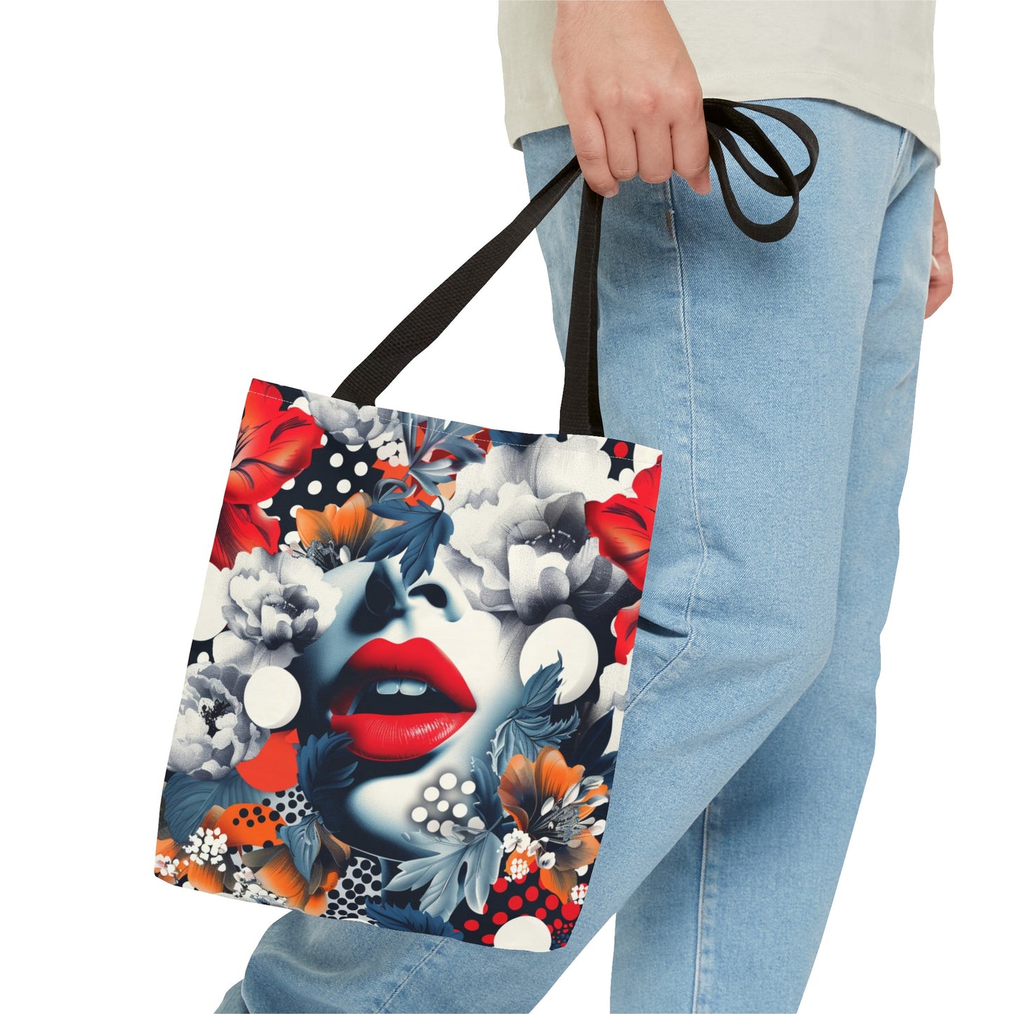 Artistic Floral High Fashion Tote Bag, Modern Polka Dot Carryall