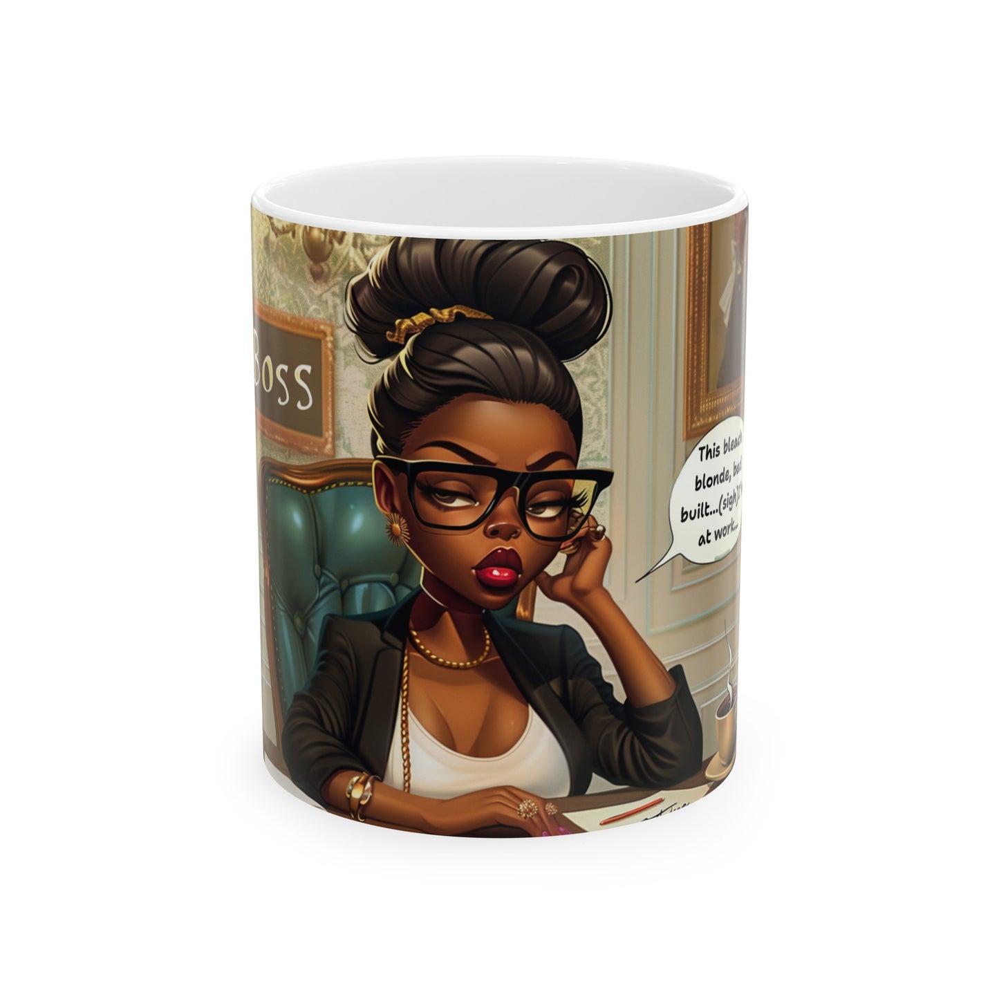 Black Woman Clap Black "Work Wine" Ceramic Mug, Bleach Blonde Bad Built Tea Cup