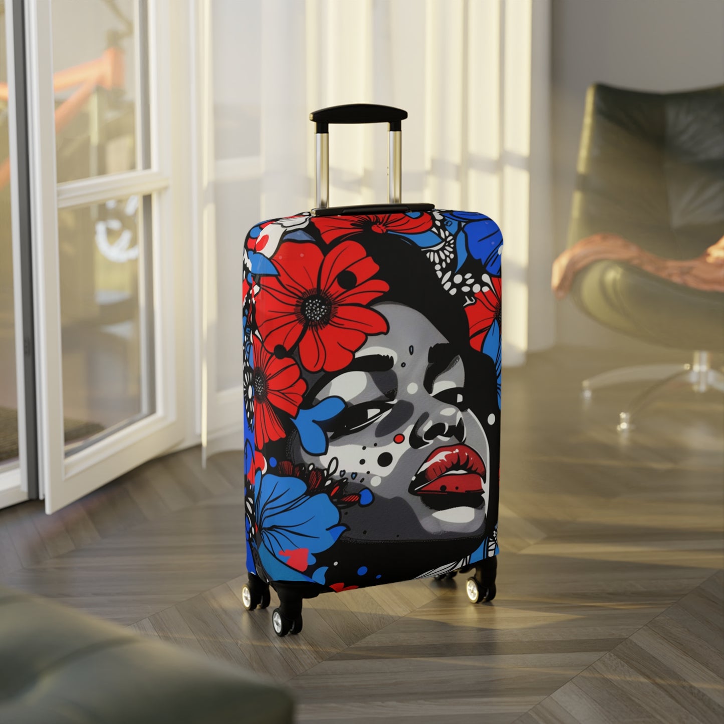 Afrocentric Floral Portrait Luggage Cover, Pop Art Streetwear Black Queen Suitcase Protector