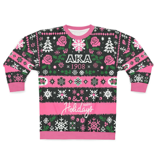 AKA Sorority Celebration Holiday Ugly Sweatshirt All Over Print, Festive Pink and Green