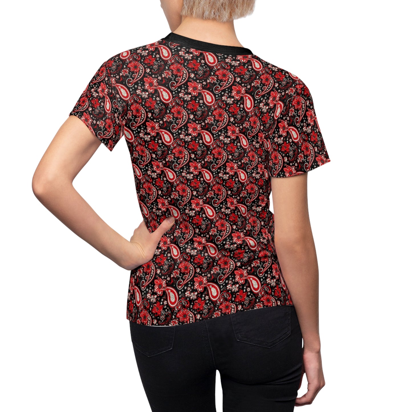 Classic Red & Black Paisley Print Women's T-Shirt, Red Bandana Print Apparel