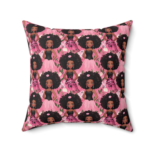 Black Baby Doll Throw Polyester Pillow, Pink African American Baby Doll Pillow