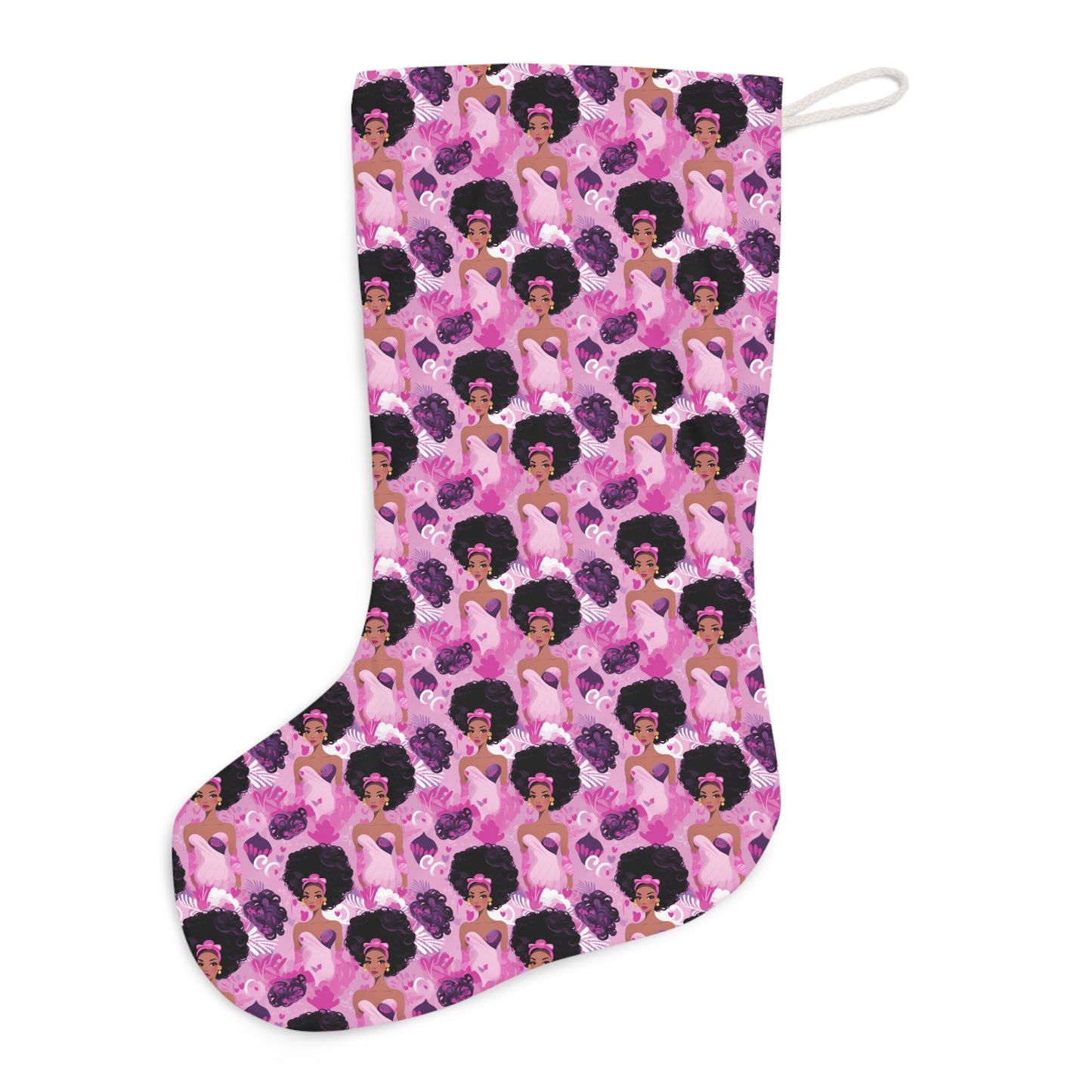 Black Baby Doll Holiday Stocking, African American Barbiw Print Christmas Stocking