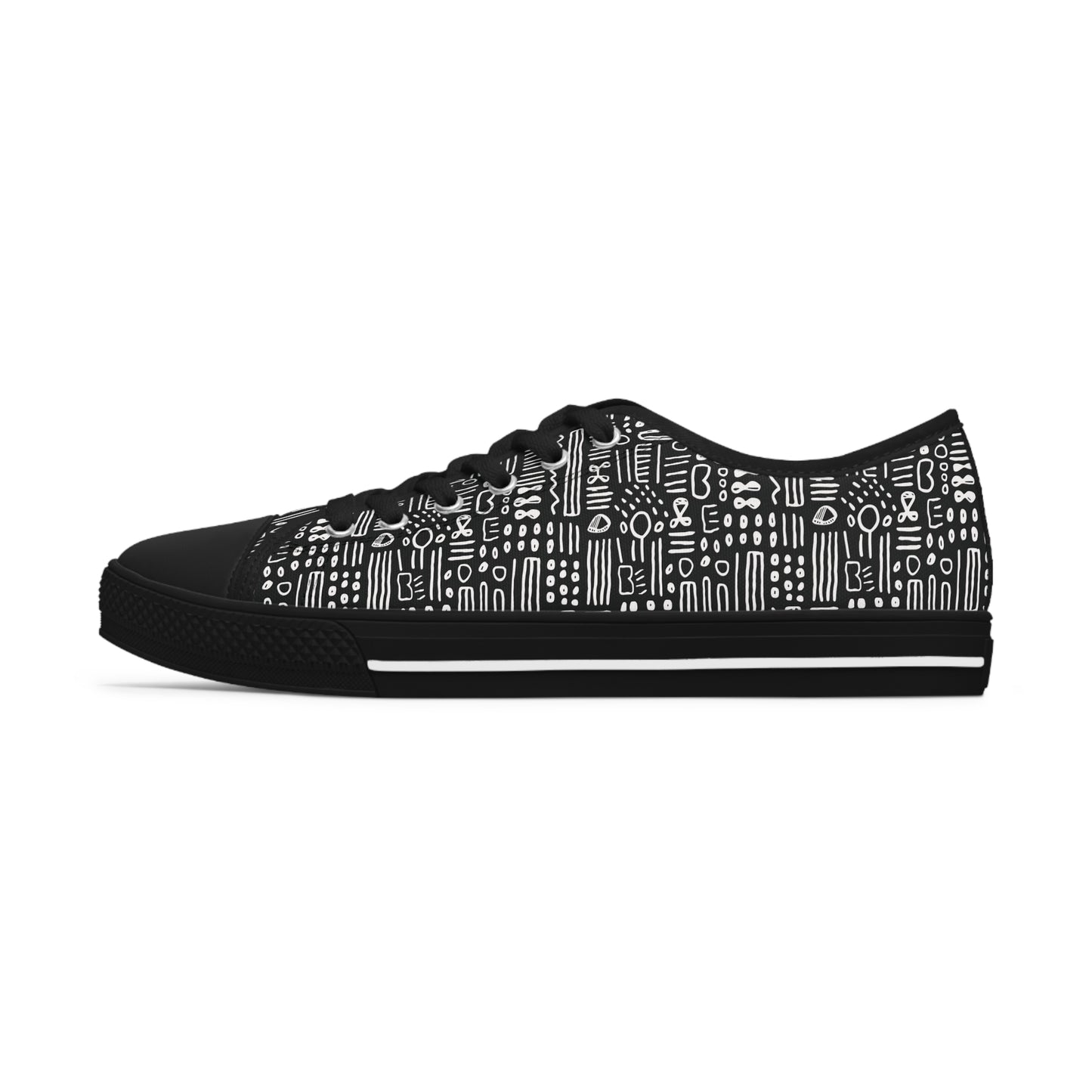 Black & White African Mud Cloth Print Women's Low Top Tennis Shoes, Abstract Print Women's Fashionable Low Top Sneakers