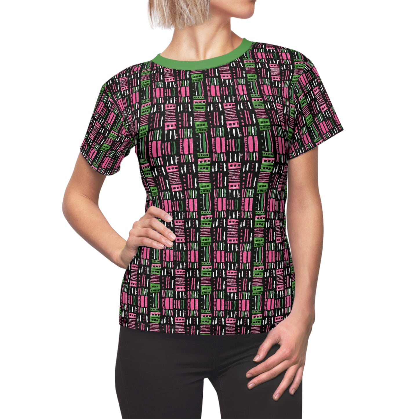 AKA Sorority Inspired Urban Jungle Chic Women's Tee – Bold Pink & Green Abstract Pattern