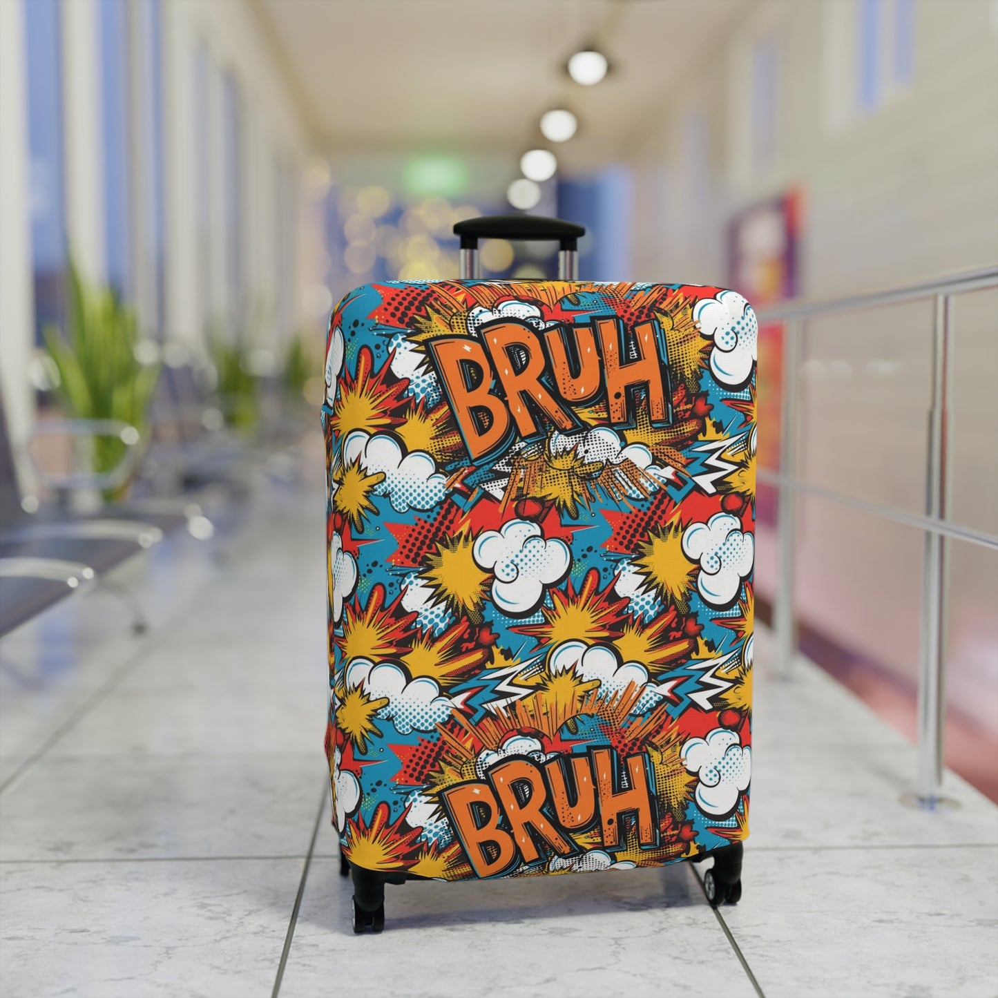 Comic Book Explosion "Bruh Moment" Luggage Cover, Pop Art Style Suitcase Protector