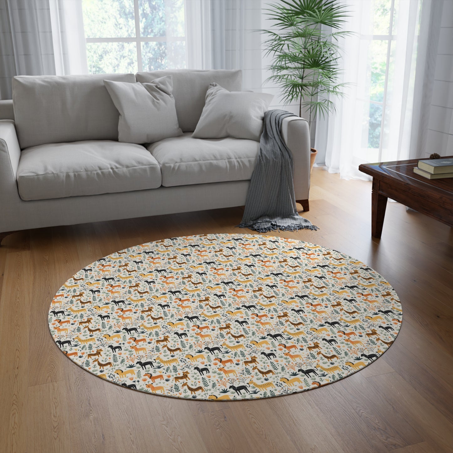 Safari Animal Themed 60" Round Chenille Rug, Kids Jungle Print Room Decor