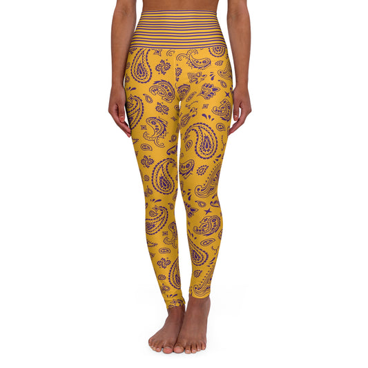 Yellow and Purple Laker Themed Bandana Print Yoga Pants, Yellow/Purple Paisley Print High Waisted Yoga Leggings