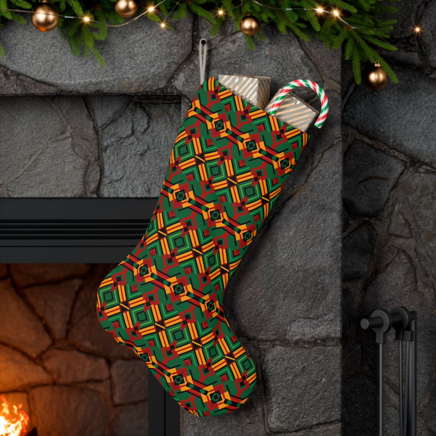 Christmas Inspired Kente Cloth Holiday Stocking, African Print Christmas Stocking