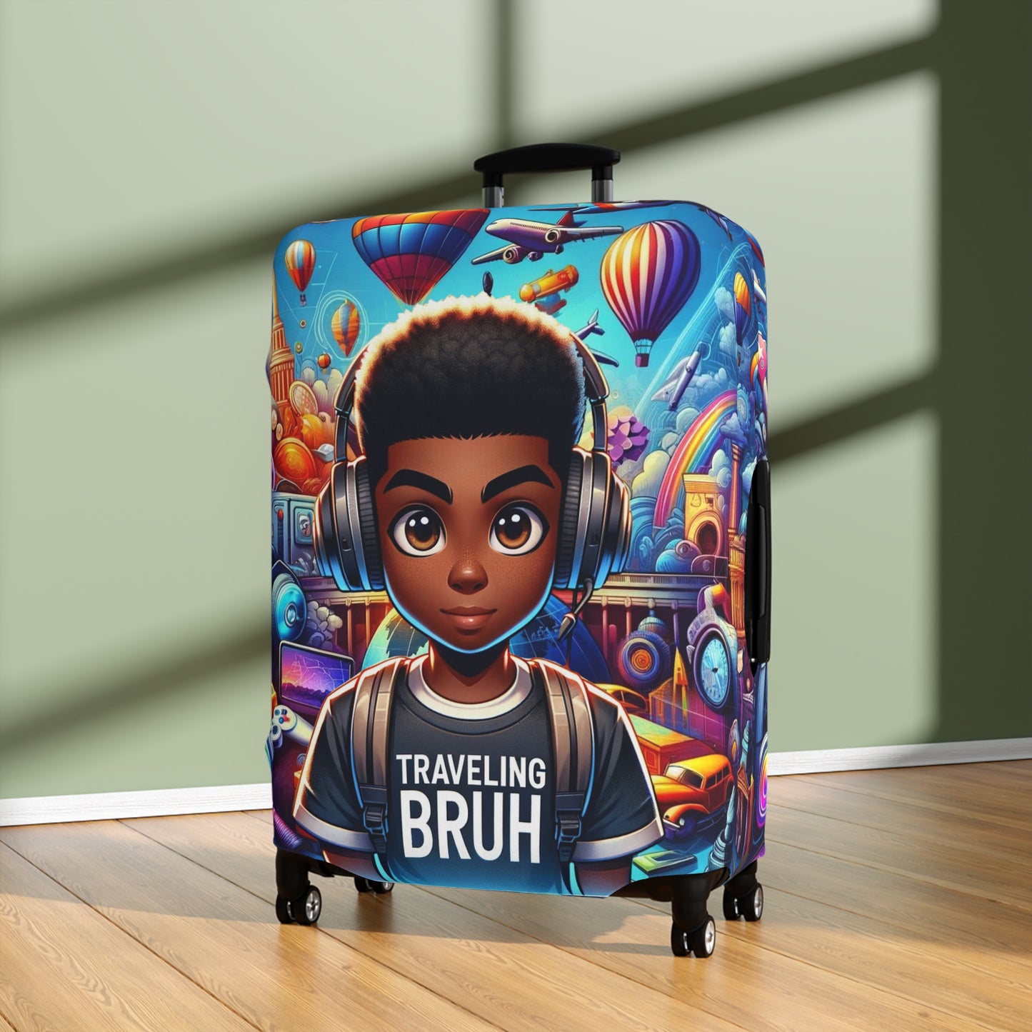 Traveling Bruh Moment Luggage Cover, Black Boy Joy Suitcase Protector