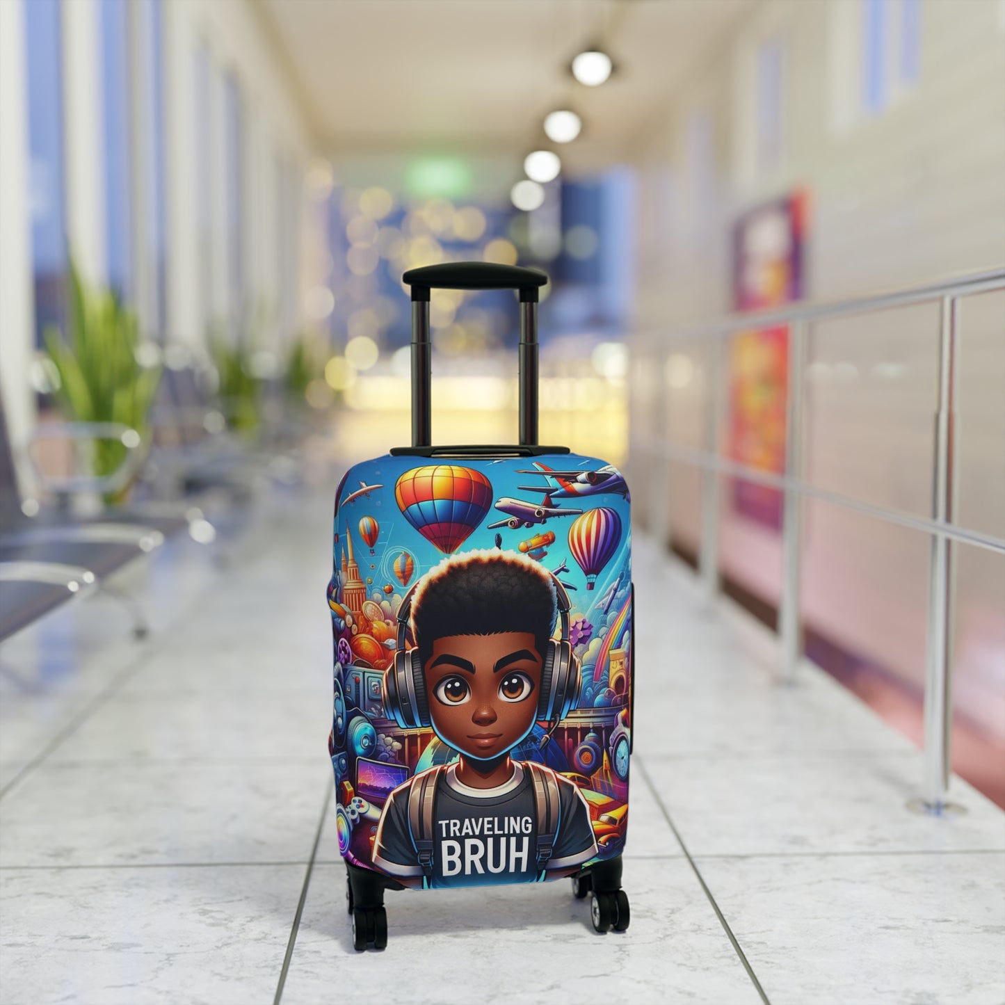 Traveling Bruh Moment Luggage Cover, Black Boy Joy Suitcase Protector