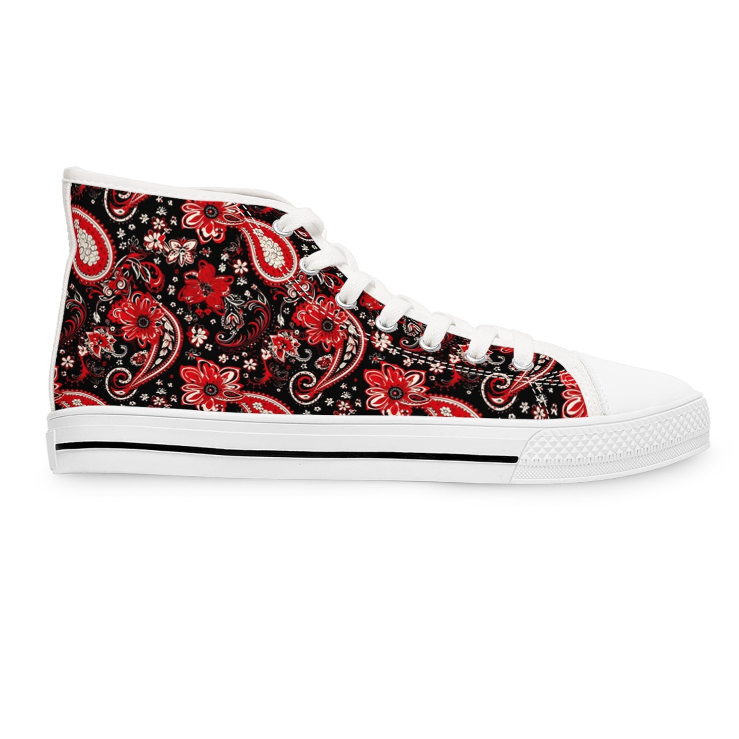 Black & Red Paisley Print Women's High Top Sneakers, Stylish Paisley Pattern Sneakers, Trendy Black and Red Bandana Print Shoes