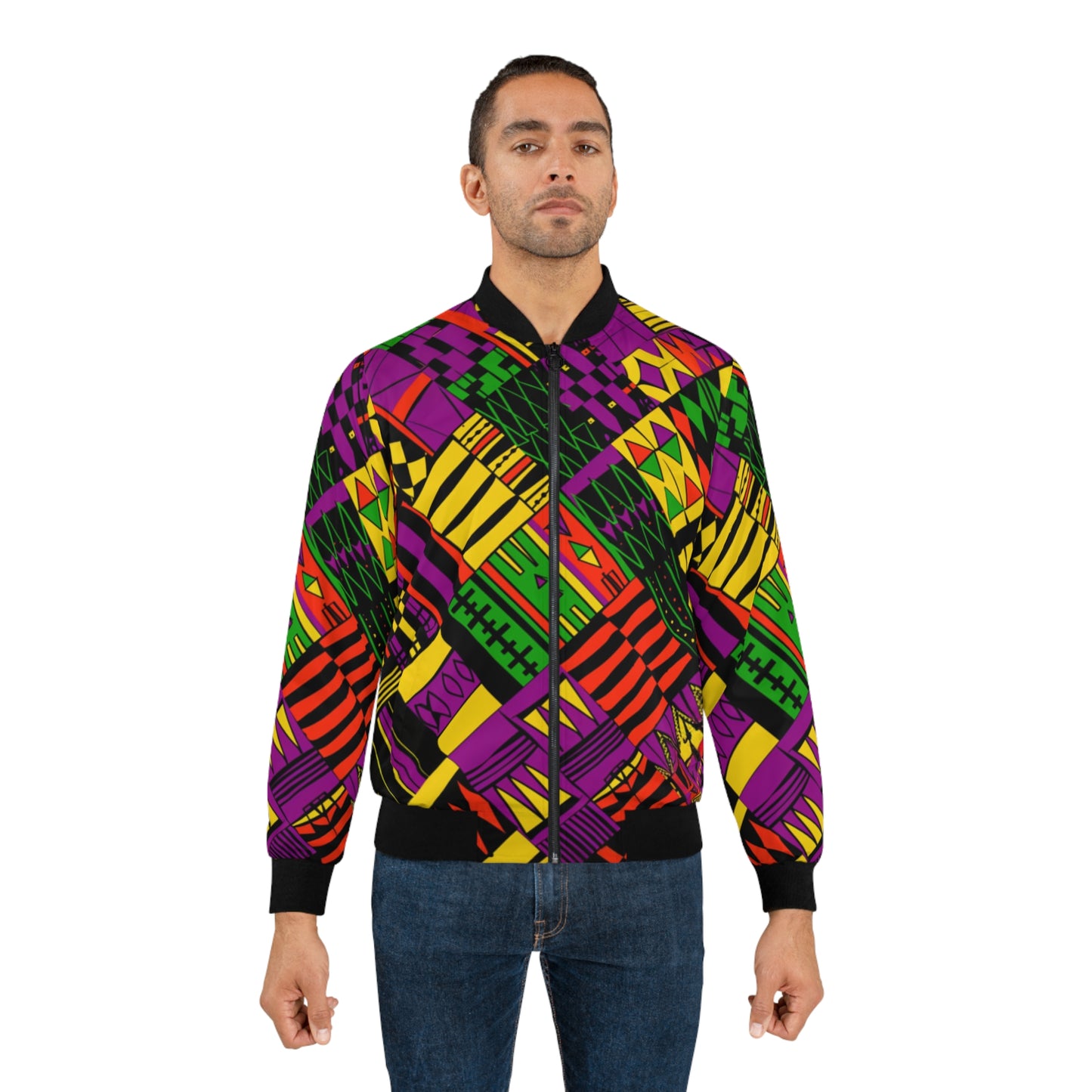 Urban Pop Art Yellow Green Red African Tribal Bomber Jacket, Trendy Streetwear for Men and Women, Bold African Print Outerwear