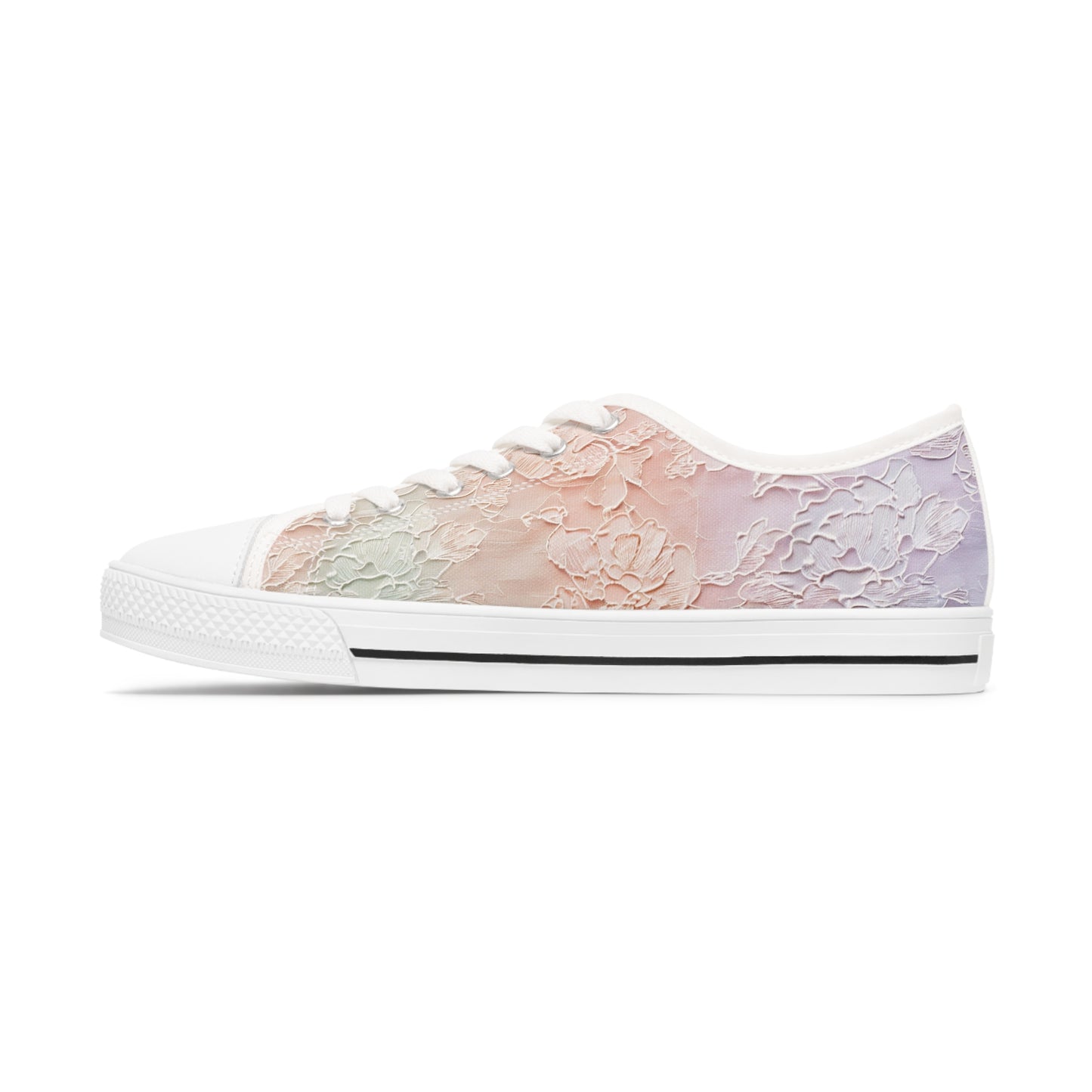 Vintage Lace Pattern Print Women's Low Top Sneakers, Pastel Peach Mint Lavender Shoes, Feminine Canvas Tennis Shoes, Wedding Colors Apparel