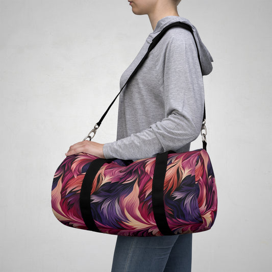 Unique Purple and Pink Swirl Gym Bag, Fine Feather Detail, Rich Color Contrasts, Leaf Patterns