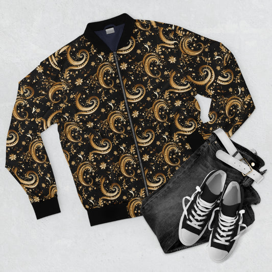 Gold & Black Luxury Elegant Paisley Print, Bandana Print Men's Bomber Jacket