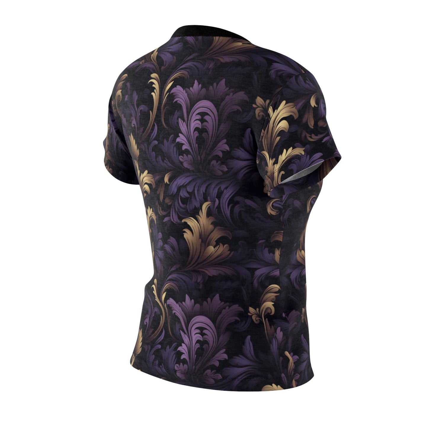 Midnight Baroque Print Elegance Women's T-Shirt, Purple and Gold Palm Leaves Women's Apparel