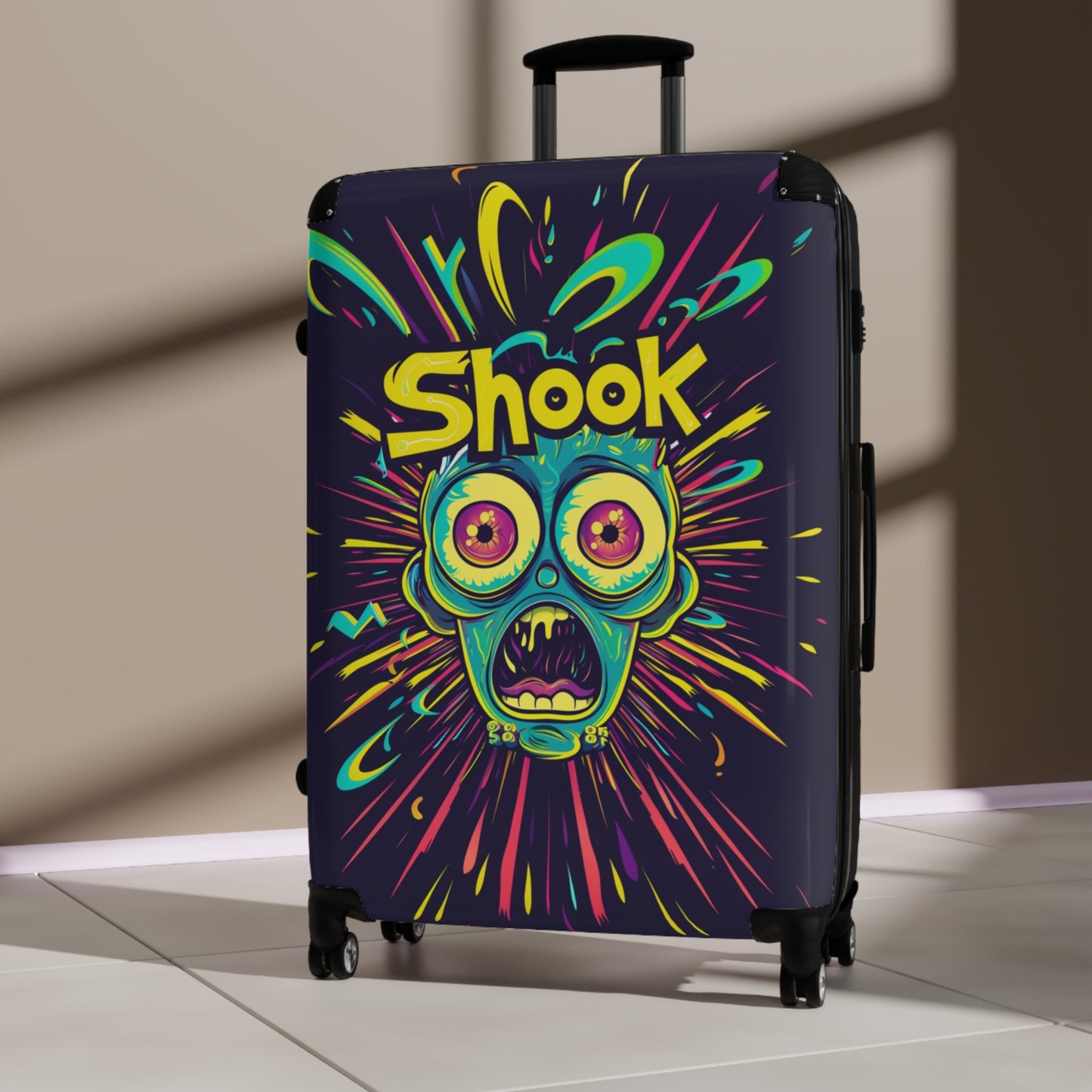 Urban Neon Pop Art "Shook" Rolling Luggage, Cartoon Streetwear Style Design, Personalized Travel Gear For Kids, Bold Fun Wild Art Suitcase