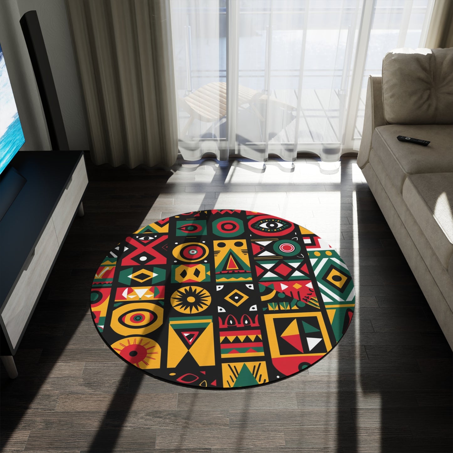 Urban Pop Art African Print Round Rug in Red Yellow & Green