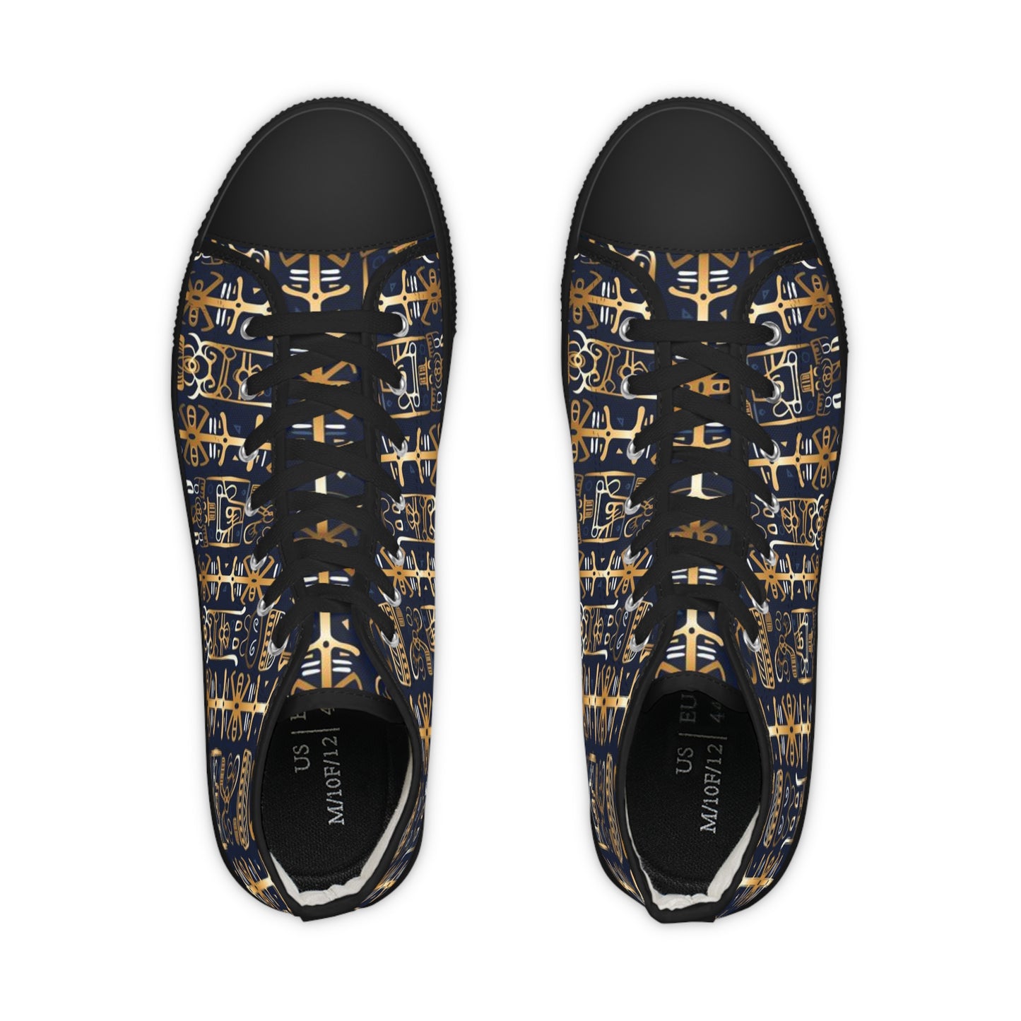 Golden Shamanic Serenity Afrocentric Print Men's Hi-Top Shoes, Navy Blue & Gold Tribal Print Mens Fashionable Shoes