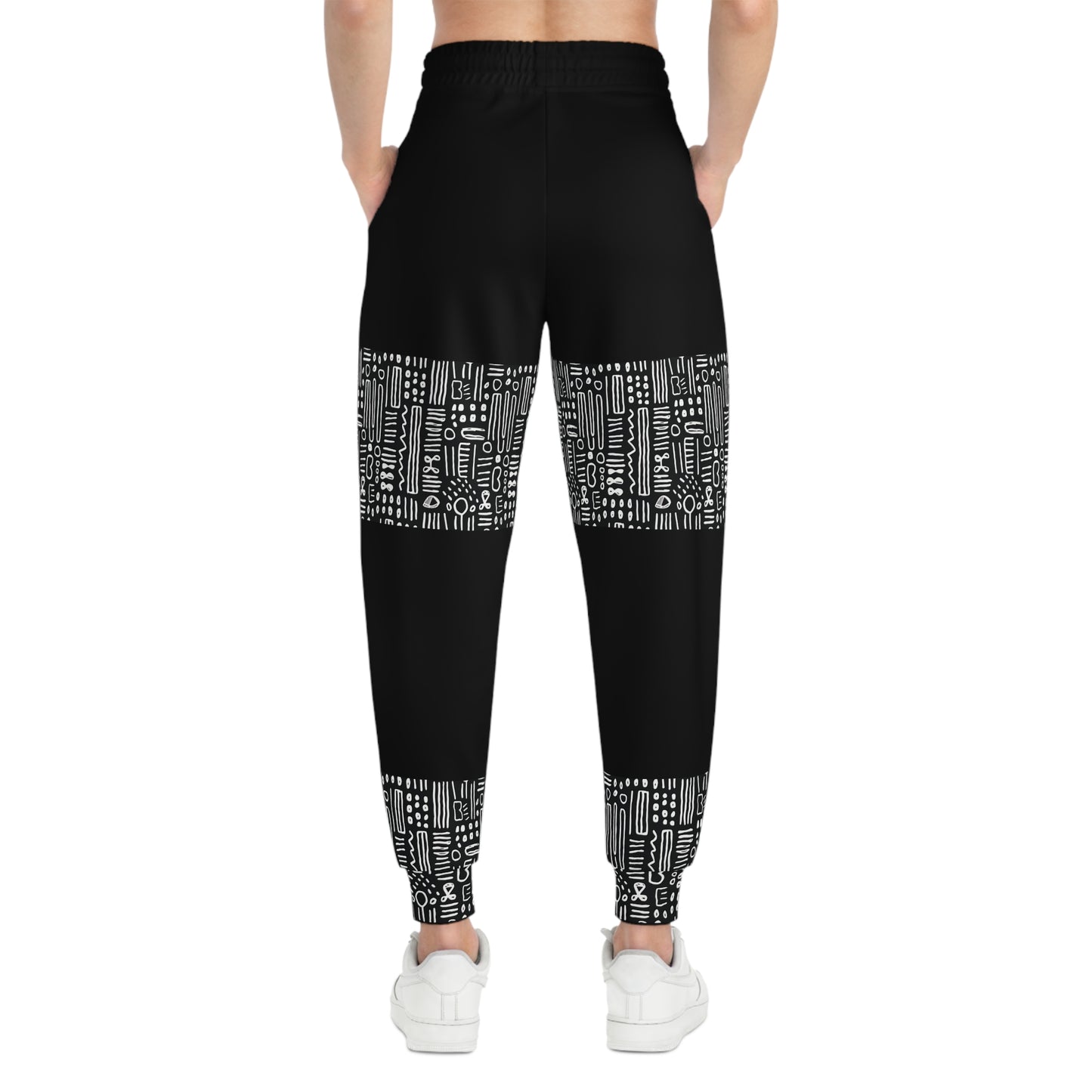 Mud Cloth Print Unisex Joggers, Black & White Color Block African Print Bottoms