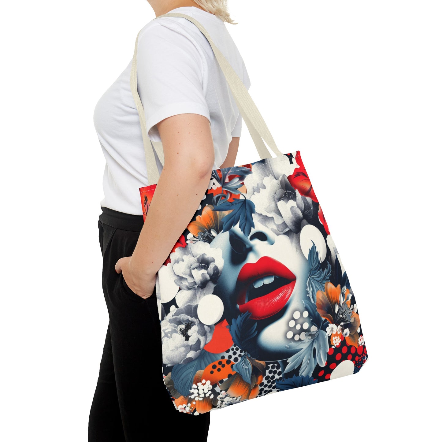 Artistic Floral High Fashion Tote Bag, Modern Polka Dot Carryall