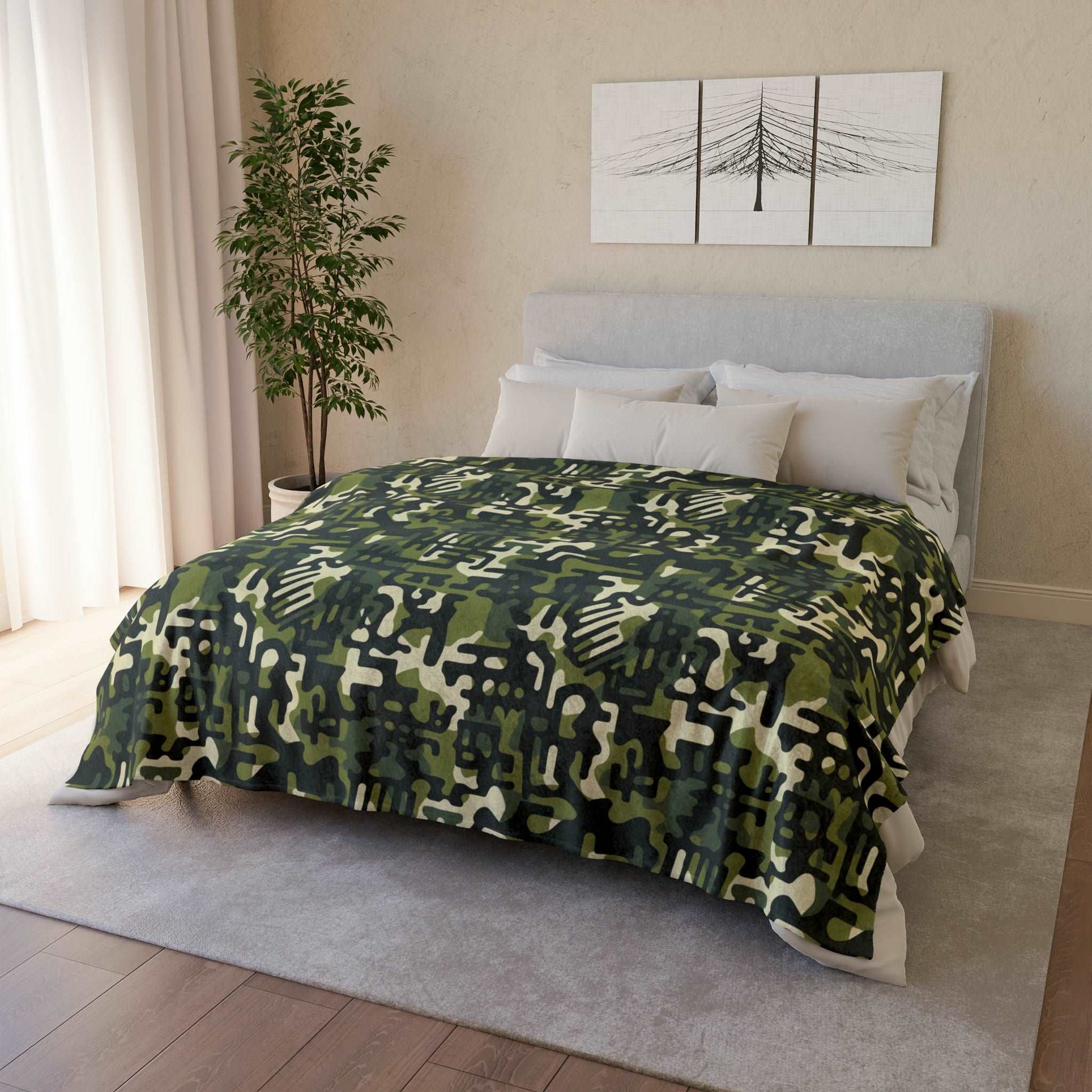 African MudCloth Meets Camouflage Throw Cover,  Green Camouflage African Print Bedroom Decor