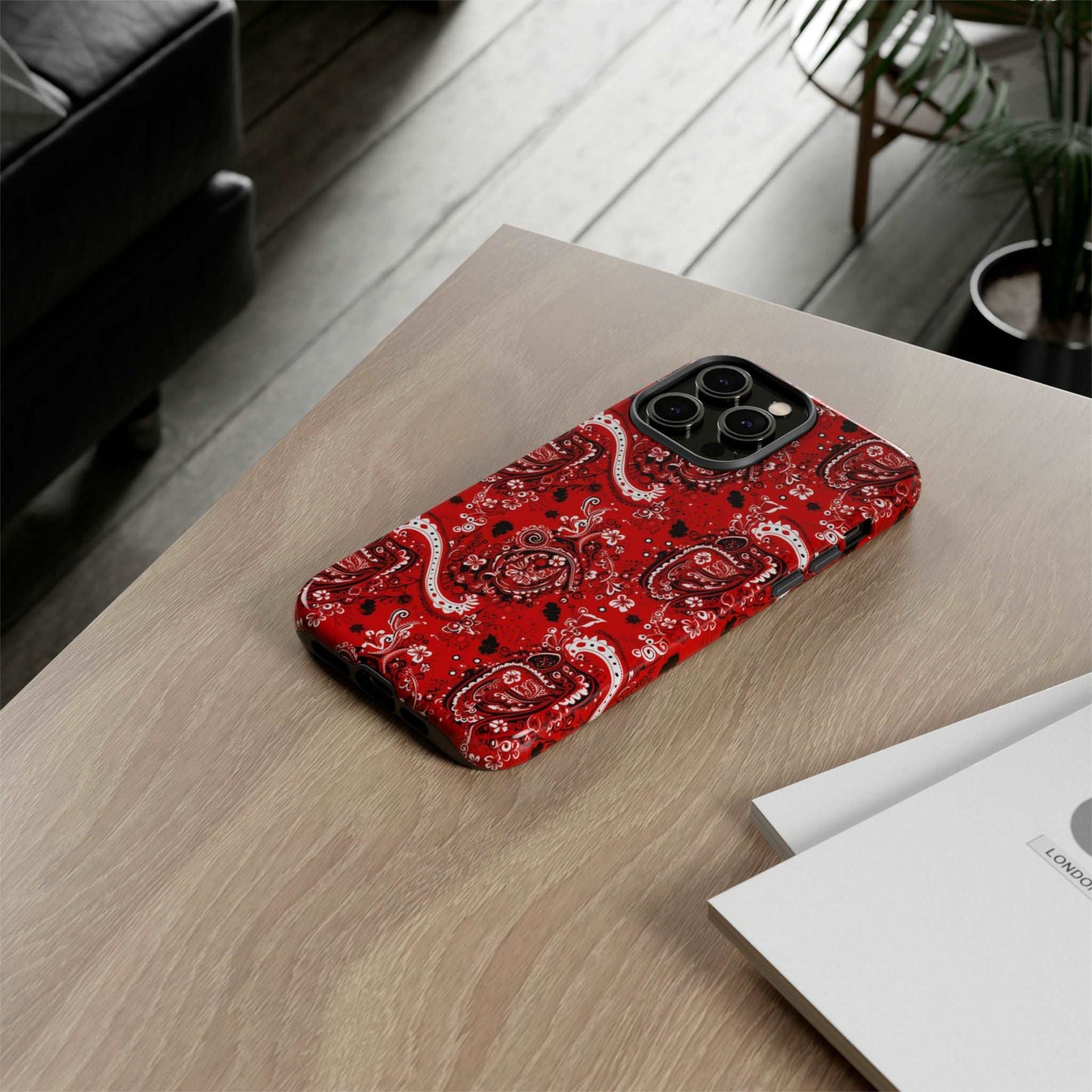 Biomorphic Style Red Bandana Tough IPhone Case, Paisley Print iPhone Case