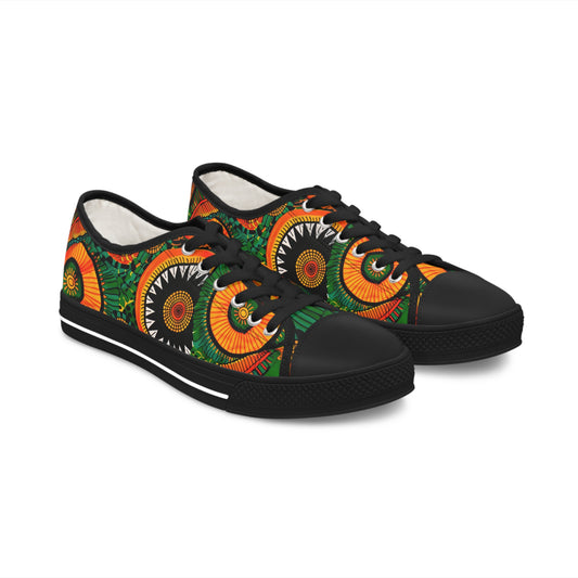 Orange, Green Yellow Africa Ankara Print Women's Low Top Sneakers, Black & Red Geometric Pattern Canvas Shoes, Comfortable Tribal Print