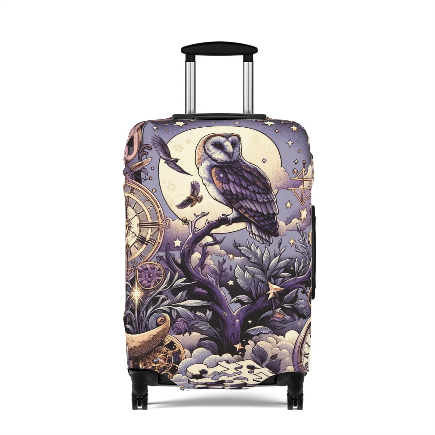 Enchanted Owl and Celestial Bodies Suitcase Cover, Magical Themed Luggage Protector